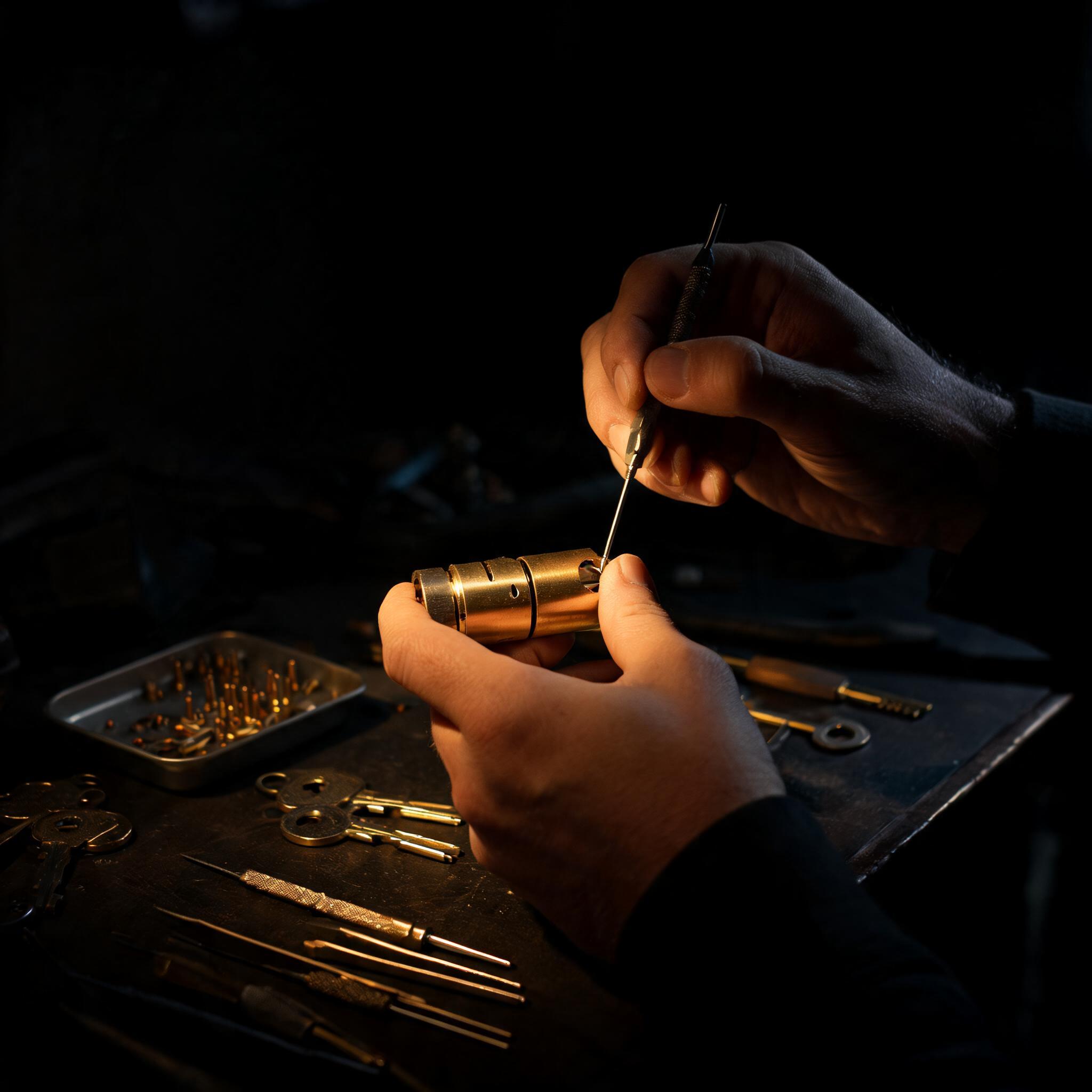 Locksmith hands rekeying a brass lock cylinder with precision tools