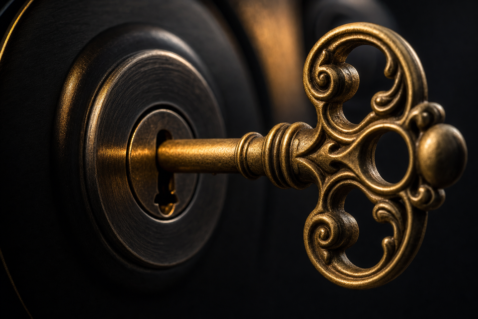 Polished brass key inserted into a dark lock cylinder